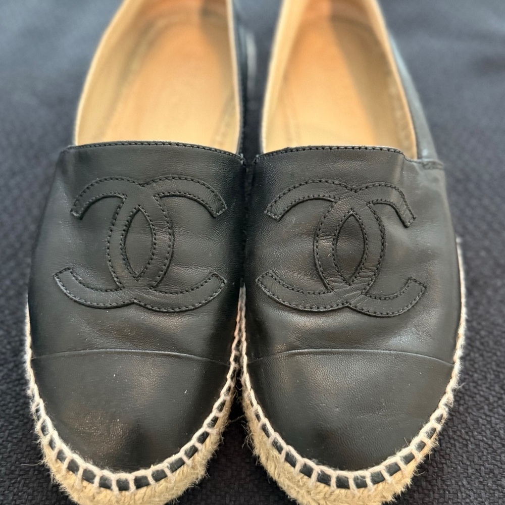 CHANEL Black Leather Espadrilles